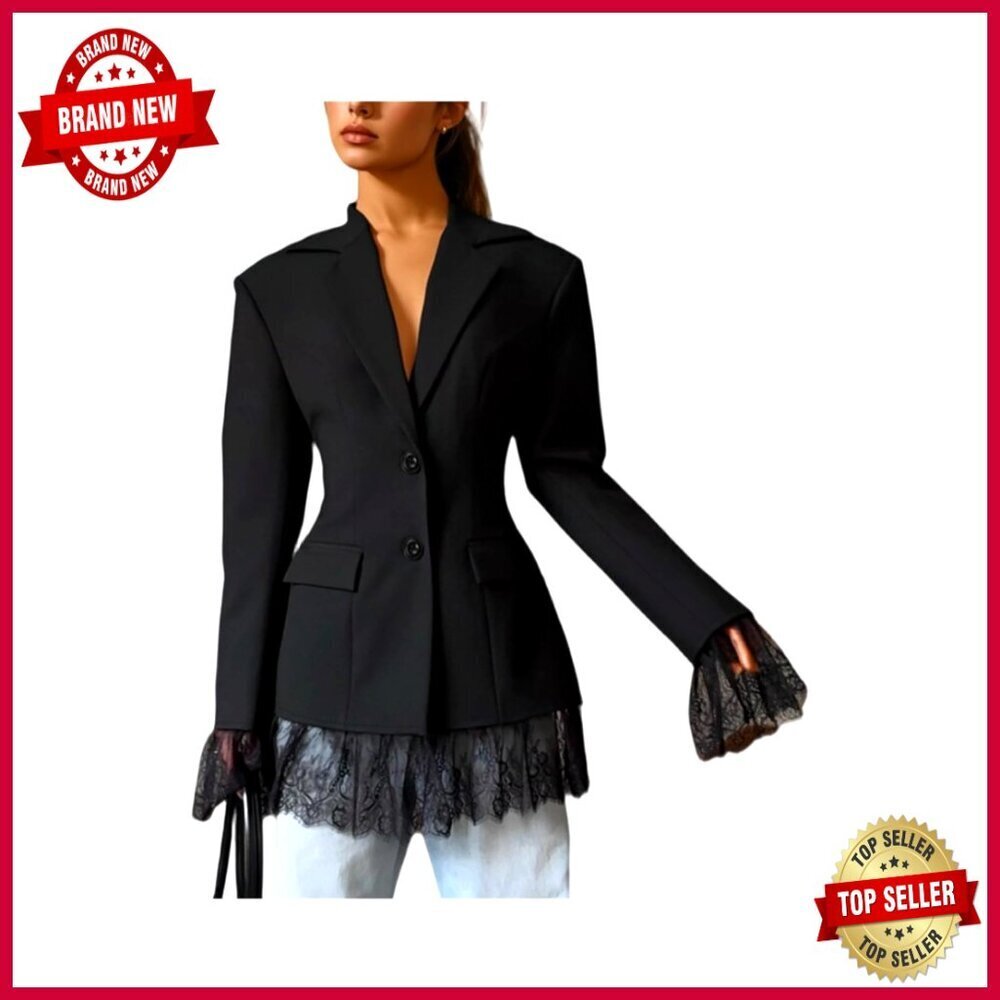 Slim Fit Blazer with Lace Mesh Hem Long Sleeve Office Casual Jacket